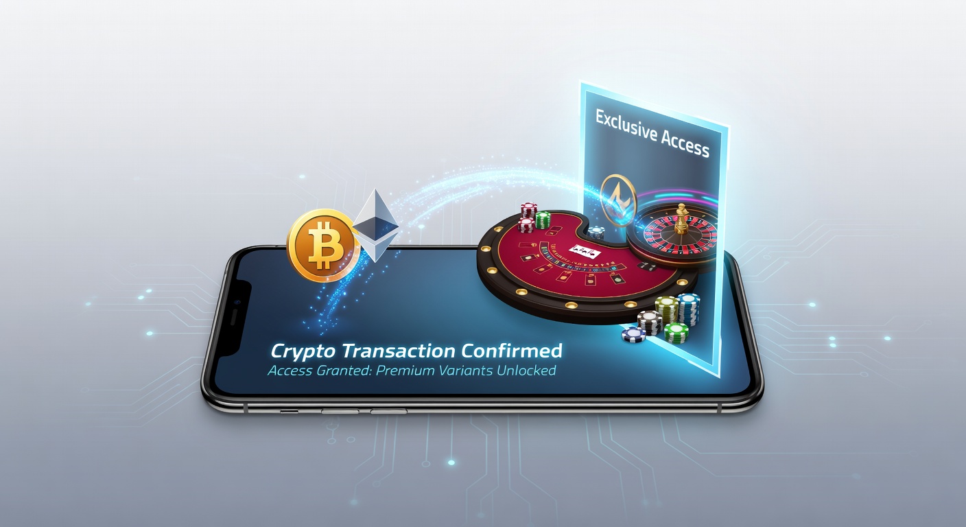 Cryptocurrency wallet interface displayed on a smartphone next to digital representations of exclusive table game variants