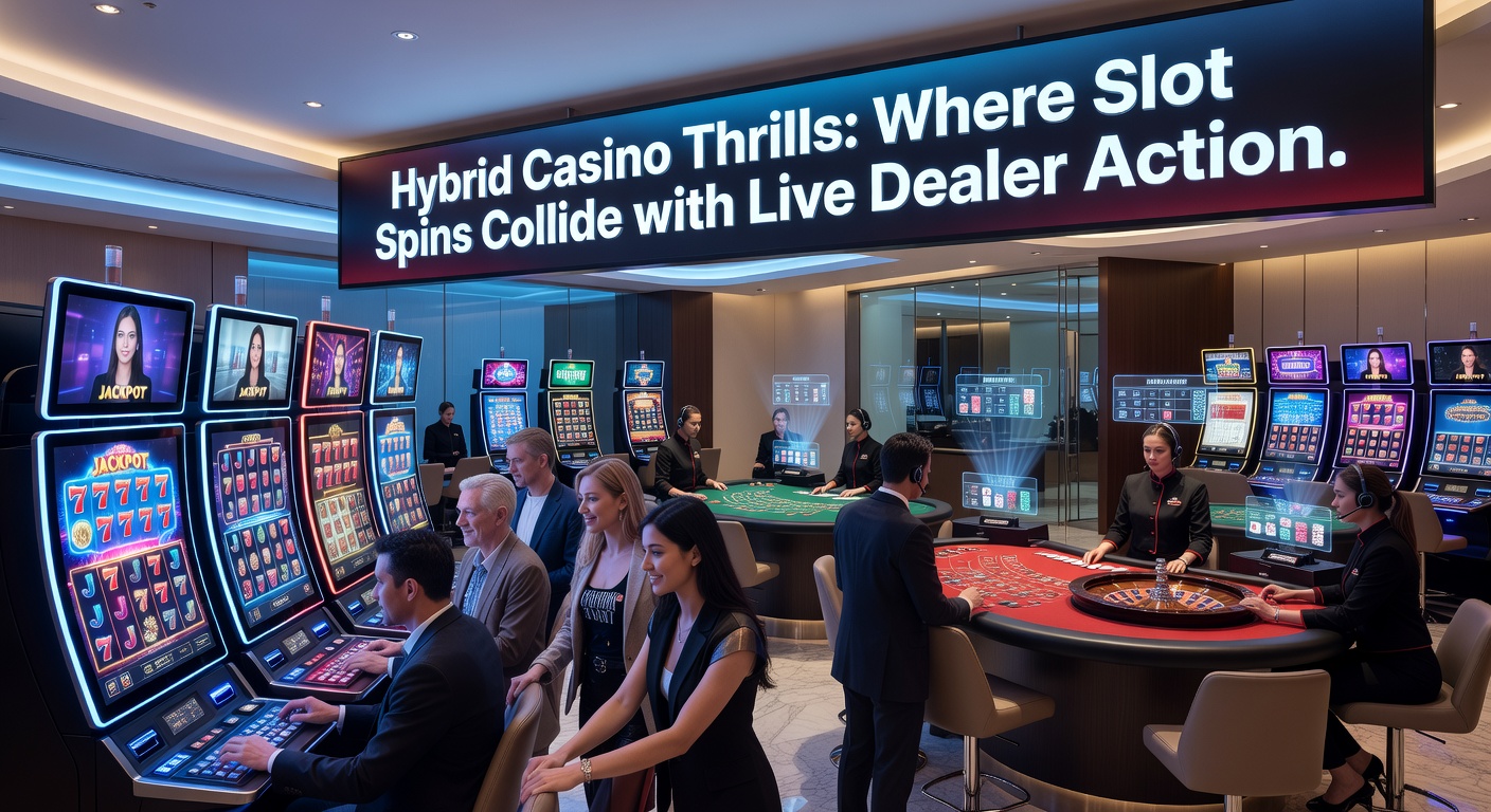 Vibrant online casino interface showing slot reels spinning alongside a live dealer table in real-time, capturing the seamless blend of digital and human elements
