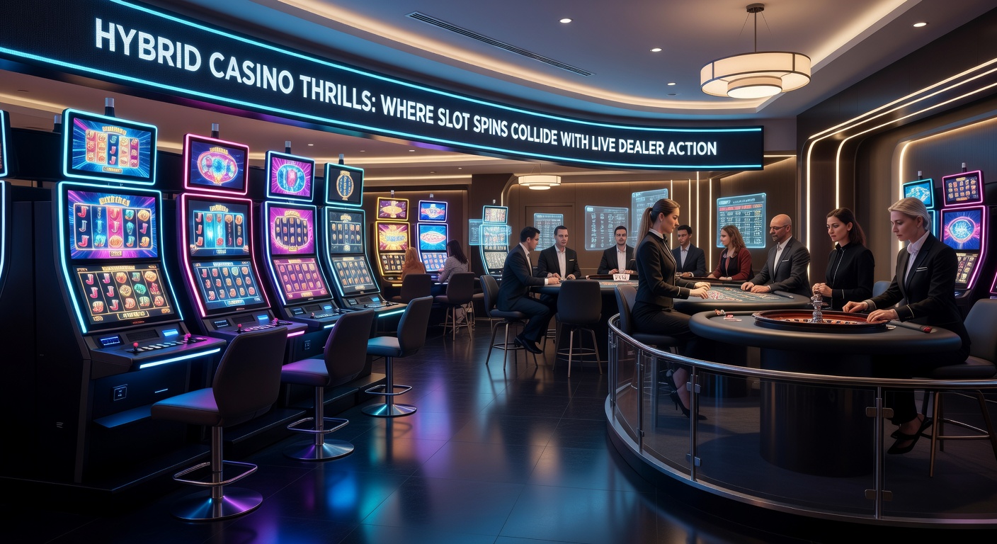 Dynamic split-screen view of a hybrid casino session, featuring colorful slot animations on one side and a charismatic live dealer dealing cards on the other, highlighting real-time integration