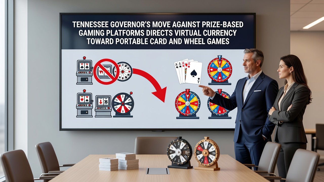 Tennessee state capitol building with digital gaming elements overlay showing virtual currency flows toward mobile devices