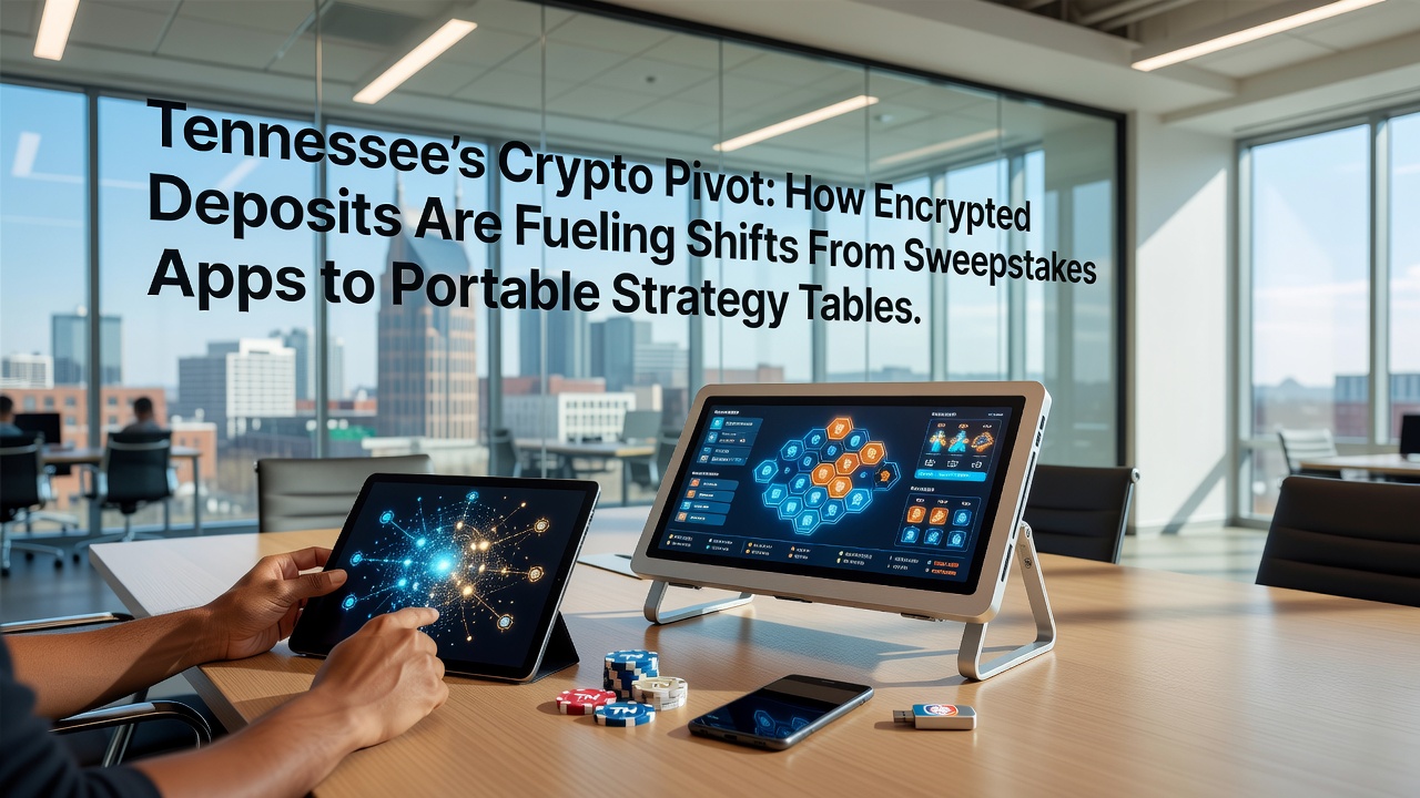 Tennessee landscape with digital overlay showing cryptocurrency symbols and mobile gaming interfaces transitioning from sweepstakes apps to strategy tables